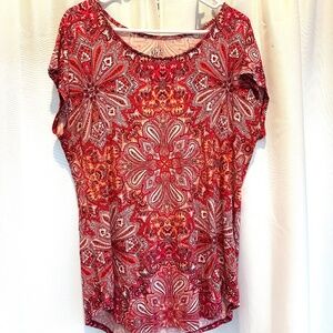 WESTPORT 1962 Red and White Paisley Short Sleeve Pullover Stretch Top size Large